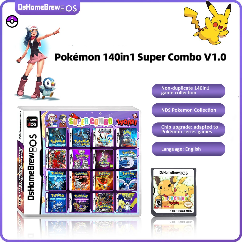 140 In1 Pokemon Filament Ds Nds 3Ds Ndsl Game Cartridge Card Videogioco Lettore Portatile