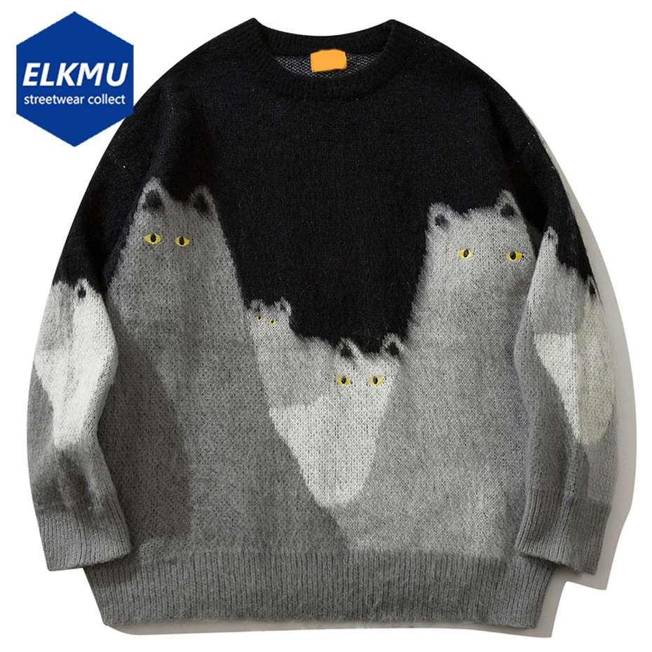Cat Graphic Maglione Lavorato A Maglia Da Uomo Oversize Hip Hop Streetwear Maglioni Pullover Hip Hop Maglioni Casual Larghi Neri Maglioni Maglione