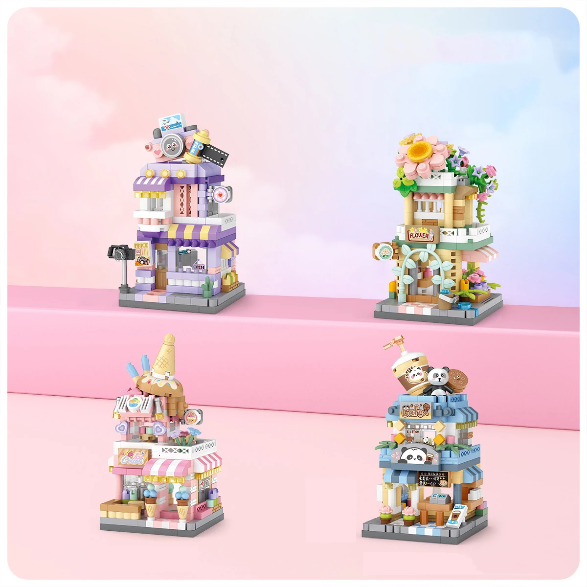 Creativo Micro Diamond Block Street View Flower Pidocchi Cream Coffee Shop Photo Studio Architettura Building Brick Nanobrick Toy
