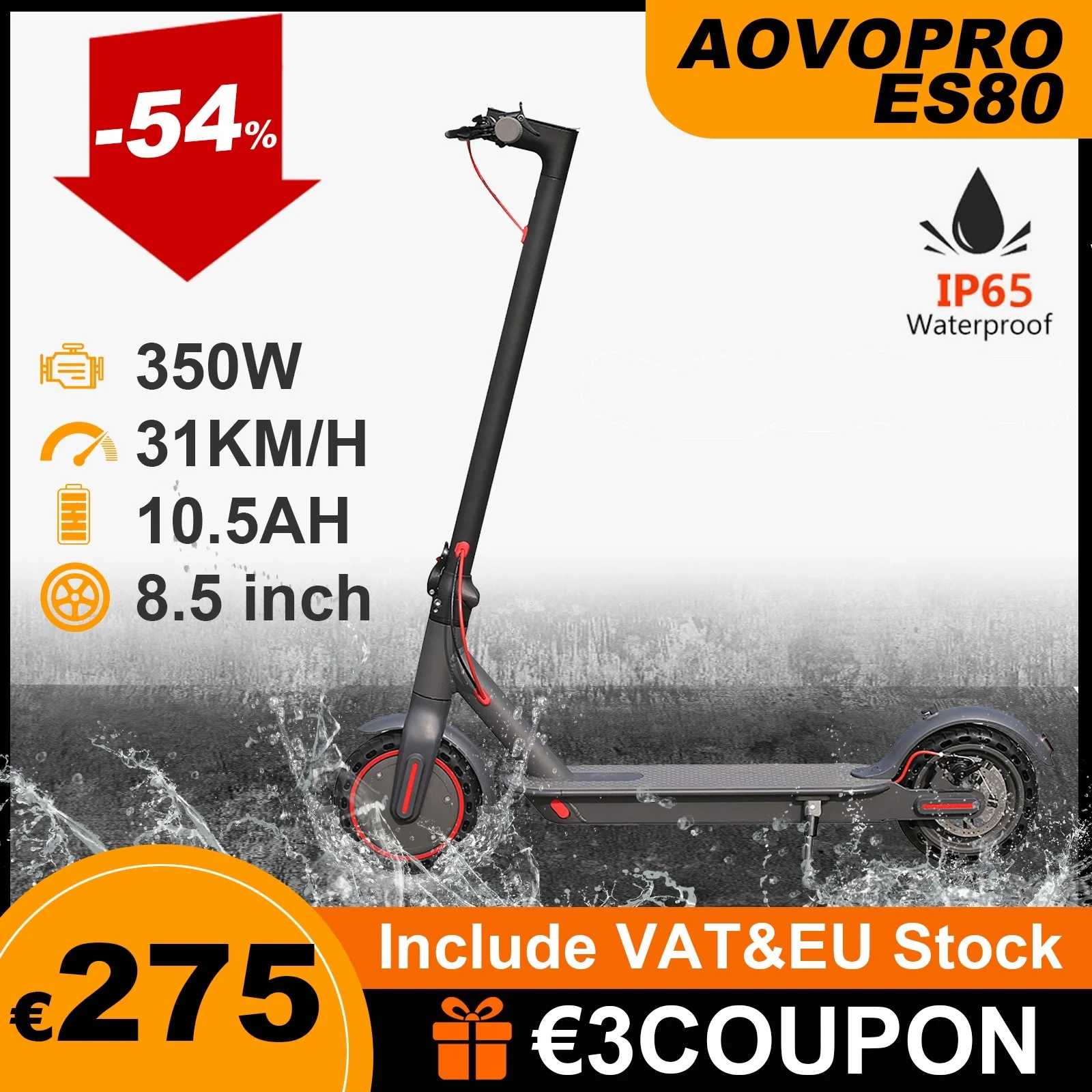 Aovopro Es80 Adulti Scooter Elettrico 350W Potenza Motore 10.5Ah 31 Km/H Super Velocità Pieghevole 8.5 Pollici Fuoristrada Skateboard Elettrico