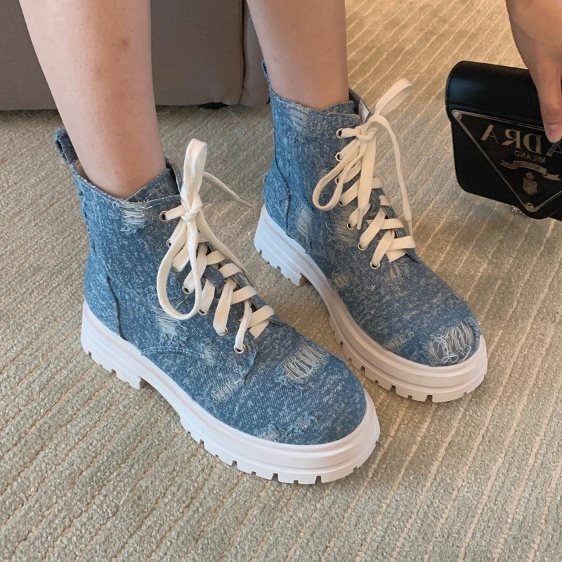 Stivaletti Per Donna Platform Punk New Rock Shoes Blue Denim Lace Up Stivali Con Tacco Alto Autunno Designer Shoes Bottines Femme