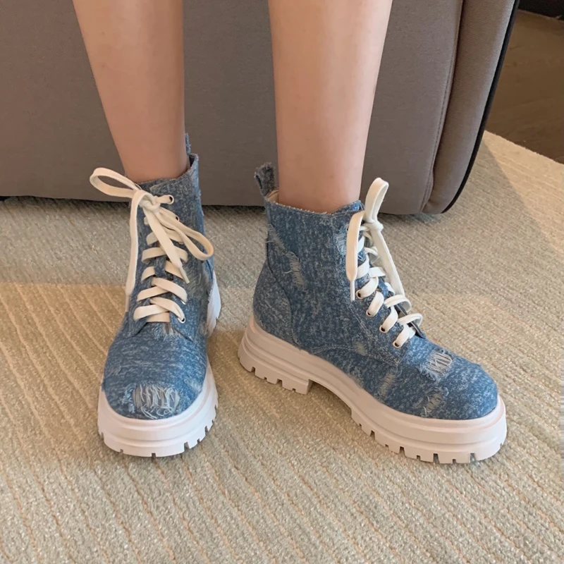 Stivaletti Per Donna Platform Punk New Rock Shoes Blue Denim Lace Up Stivali Con Tacco Alto Autunno Designer Shoes Bottines Femme