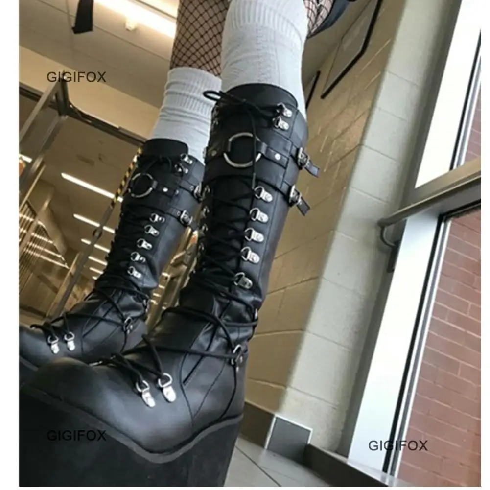 Gigifox New Rock Shoes Platform Summer Mid Calf Boots For Women Buckle Strap Goth Gothic Boots Girls Lolita Wedge Round Toe Punk