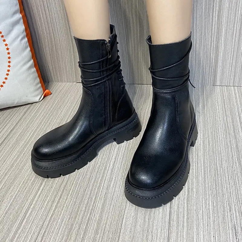 Calzature Con Lacci Scarpe Stringate Per Donna Piattaforma Stivali Da Donna Mezzo Alto Metà Polpaccio Biker Stivali Impermeabili Di Qualità New Rock I