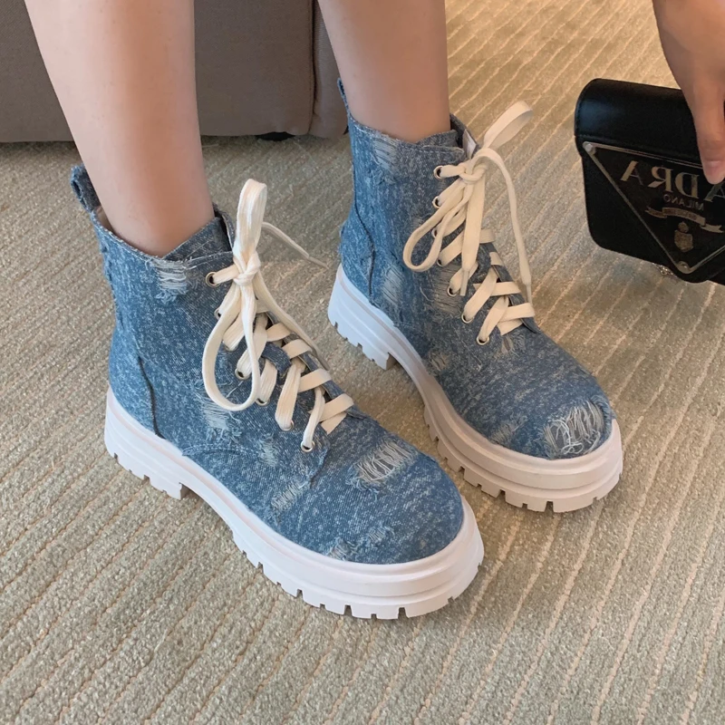 Stivaletti Per Donna Platform Punk New Rock Shoes Blue Denim Lace Up Stivali Con Tacco Alto Autunno Designer Shoes Bottines Femme