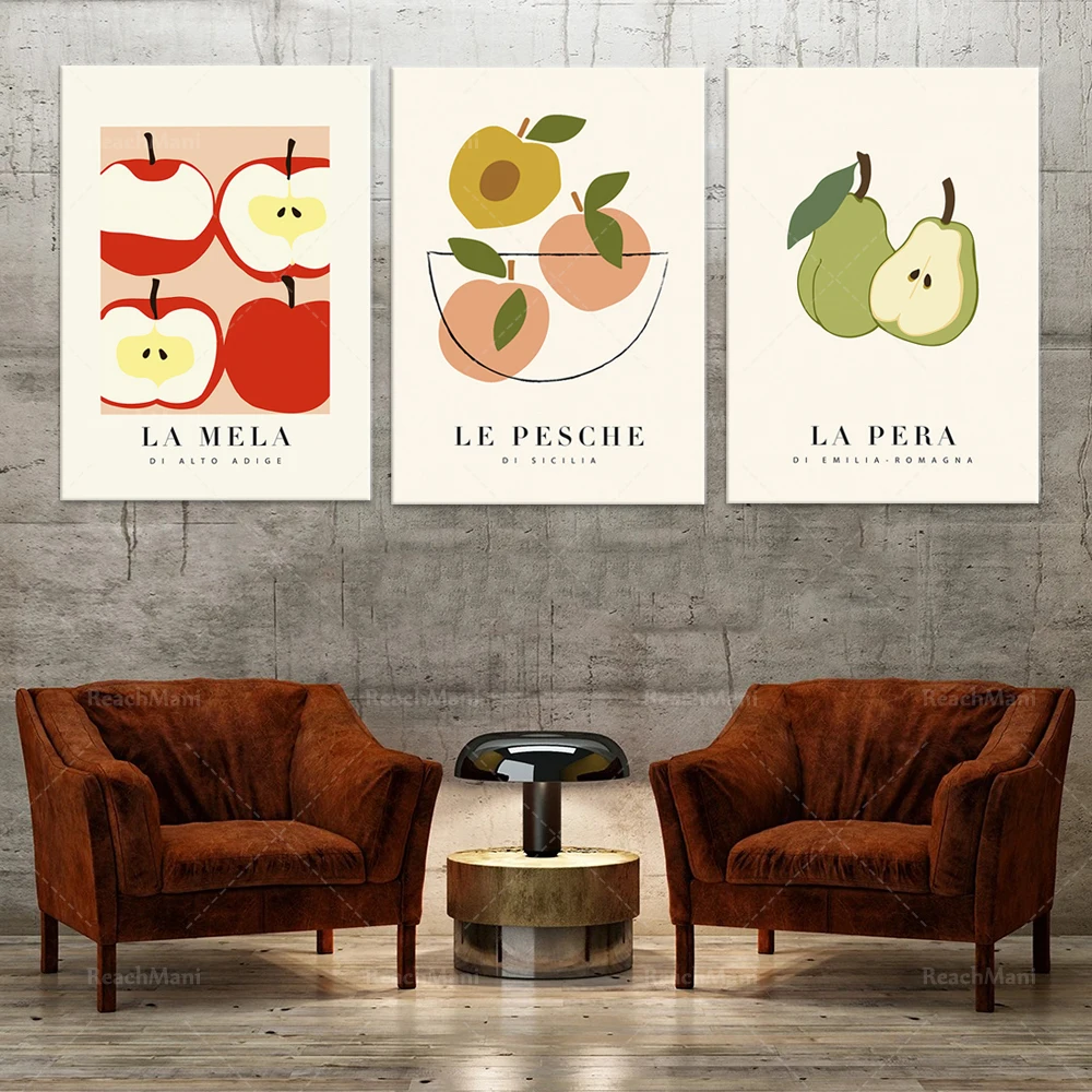 Ensemble Botanique De 3 - La Mela-La Pera-Le Pesche - Pomme Abstraite, Poire, Pèche Affiche-Concezione Botanique - Affic