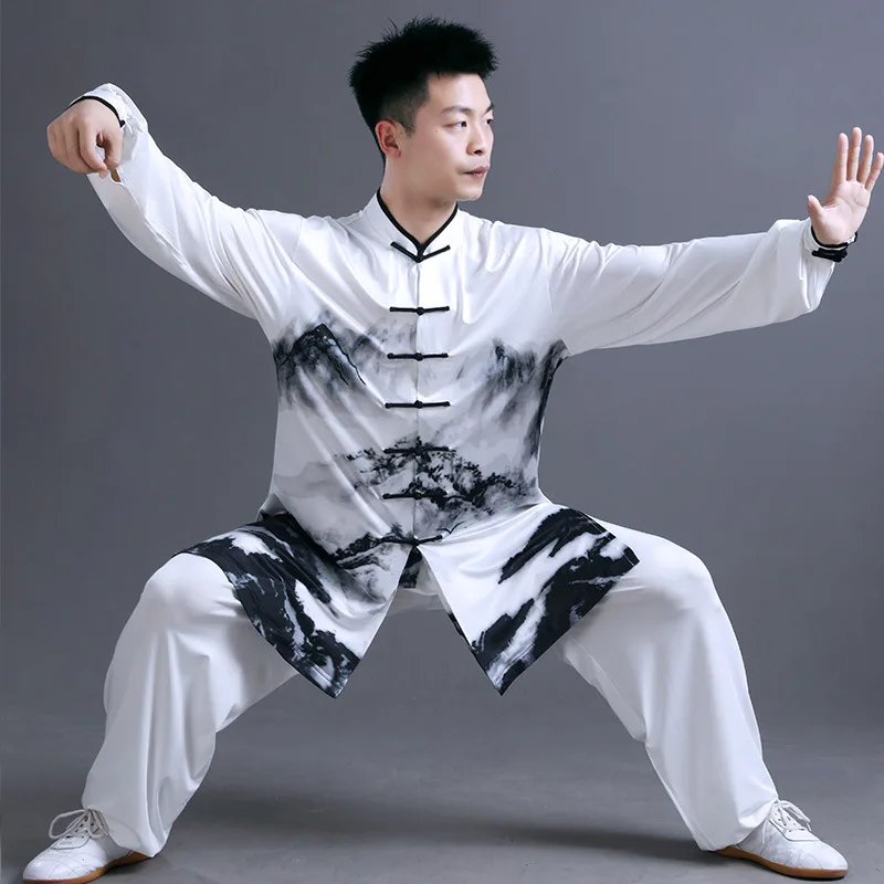 Uomini Tai Chi Arti Marziali Kungfu Uniformi Felpa Tradizionale Cinese + Pantalone Seta Latte Wushu Meditazione Outfit Set Tuta