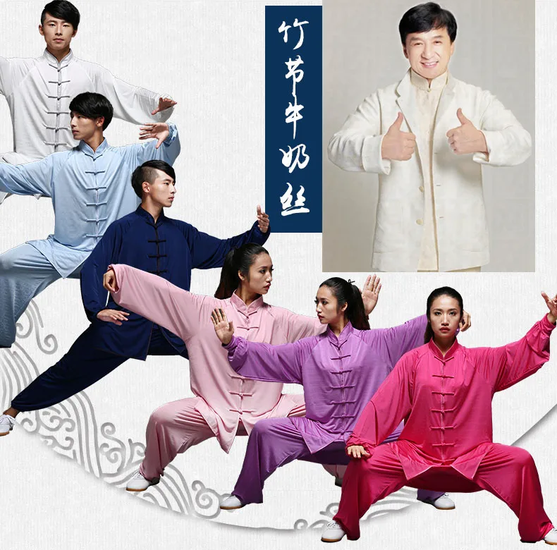 Jackie Chan Stessa Uniforme Di Seta Del Latte Abbigliamento Primavera Autunno Esercizio Vestiti E Wushu Performance Tai Chi Kungfu Fighting Outfit
