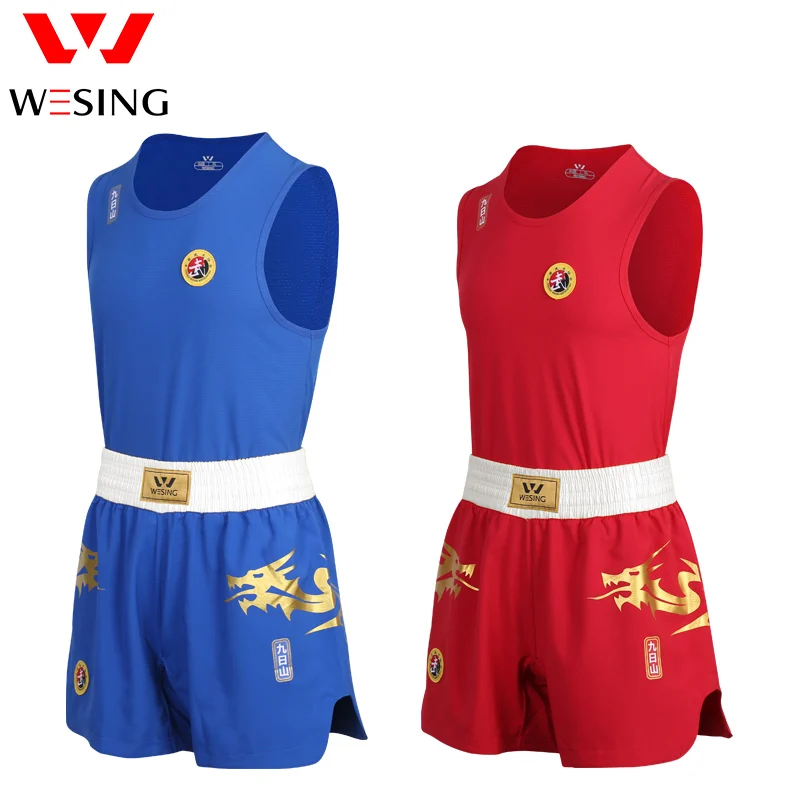 Wesing Wushu Sanda Suit Dragon Print Sanda Uniform White Belt A-Type Wushu Profeesionl Competition Suit