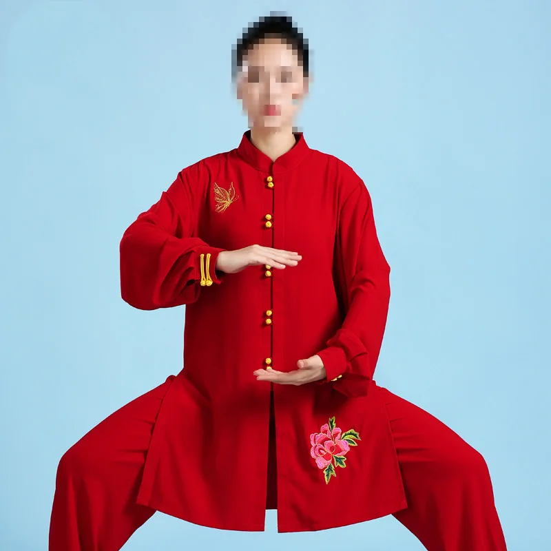 Taiji Dress Female Festive Bright Red Stretch Canapa Sports Training Dress Ricamo Peonia Arti Marziali Performance Dress Wushu