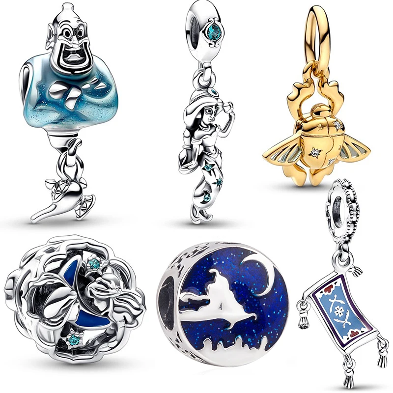 Fit Pandora Disney Aladdin Genie & Lamp Charms Set Princess Jasmine Beads For Jewelry Making Magic Carpet Ciondolo Bracciale Donna