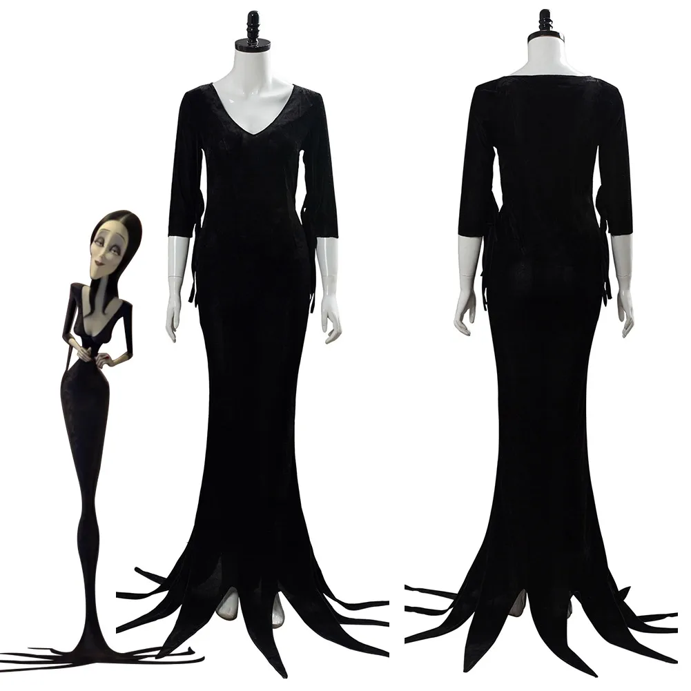 Morticia Addams Costume Cosplay Cartoon Movie Family Women Velvet Dress Outfit Halloween Party Clothes For Ladies Role Play