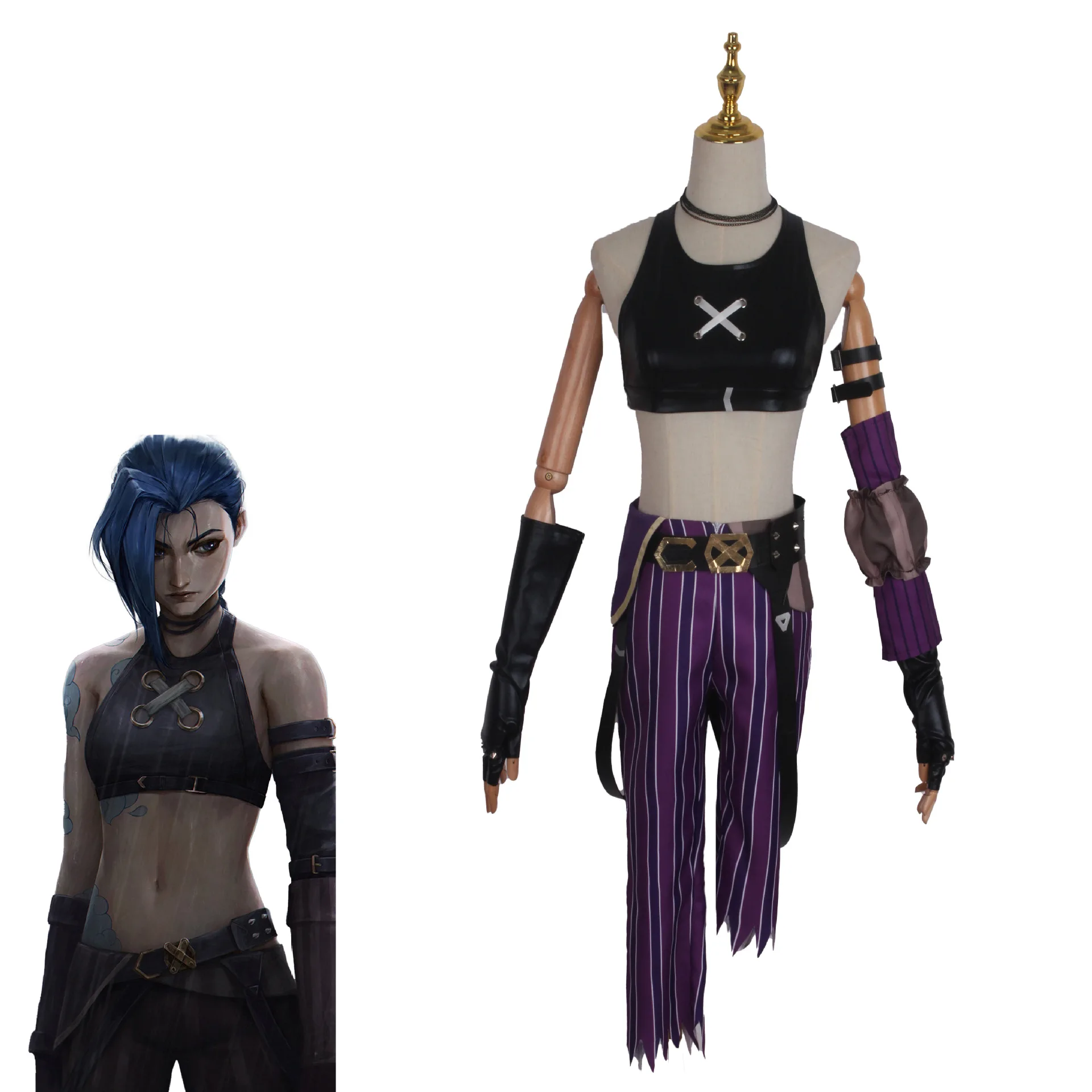 Lol Jinx Costume Cosplay Anime Lol Arcane Jinx Cosplay Uniforme Abiti Parrucca Vestito Di Halloween Sexy Slim Fit Set Pantaloncini Cappotto Di Pelle