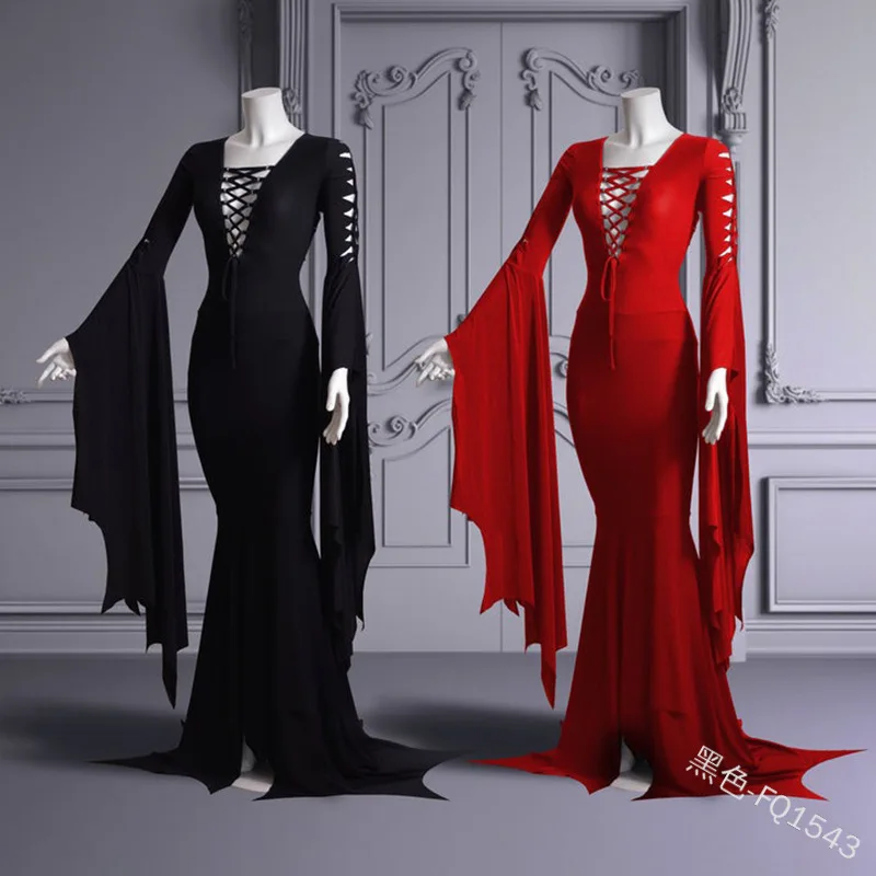 Wtich Ghost Cosplay Costume Gothic Floor Train Dress Plus Size Vampire Vintage Morticia Addam Bandage Cosplay Gown Robe