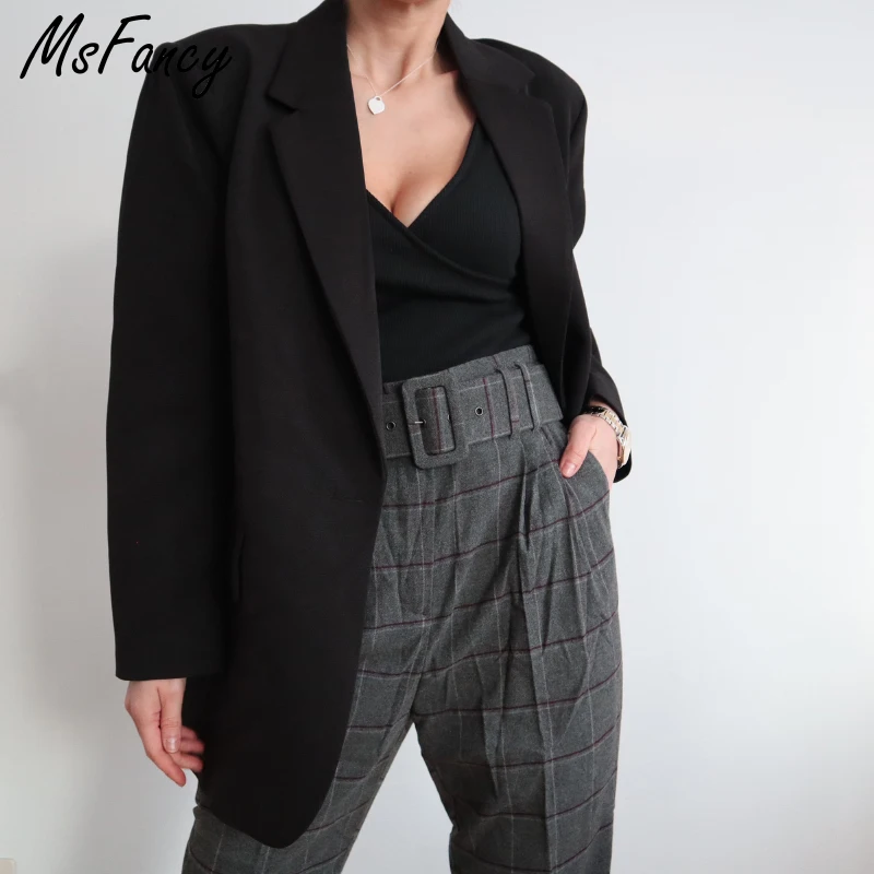 Msfancy Blazer Oversize Nero Donna Plus Size Tailleur Femme Vintage Single Button Giacca Casual Outwear