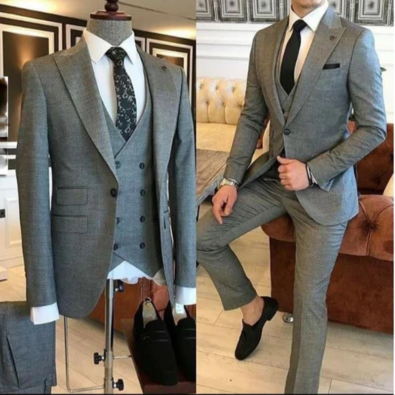 Abiti Da Sposo 3 Pezzi Abiti Da Uomo Grigi 2021 Risvolto A Punta Slim Fit Un Bottone Terno Masculino Su Misura (Giacca Pantaloni Gilet Cravatta)