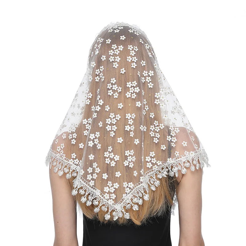 Sciarpa A Triangolo Da Donna Per Scialle Da Preghiera Della Chiesa Velo Di Pizzo Ricamato Veli Con Nappe Floreali Mantillas Per La Scarve Con Ciondolo