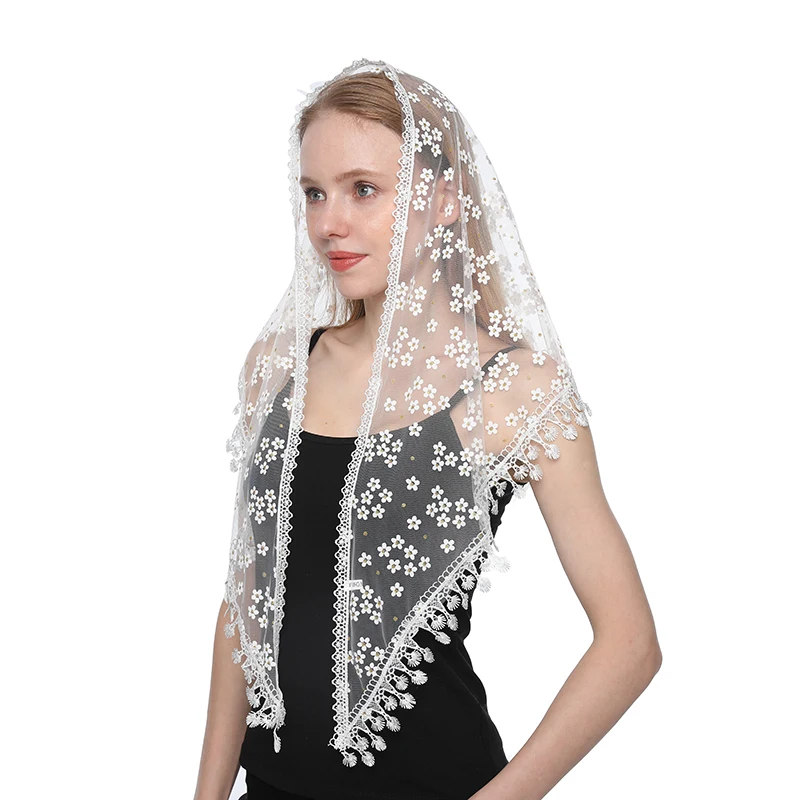 Sciarpa Triangolare Da Donna Per Scialle Da Preghiera In Chiesa Velo Di Pizzo Ricamato Copricapo Floreale Veli Di Nappa Mantillas Per La Chiesa