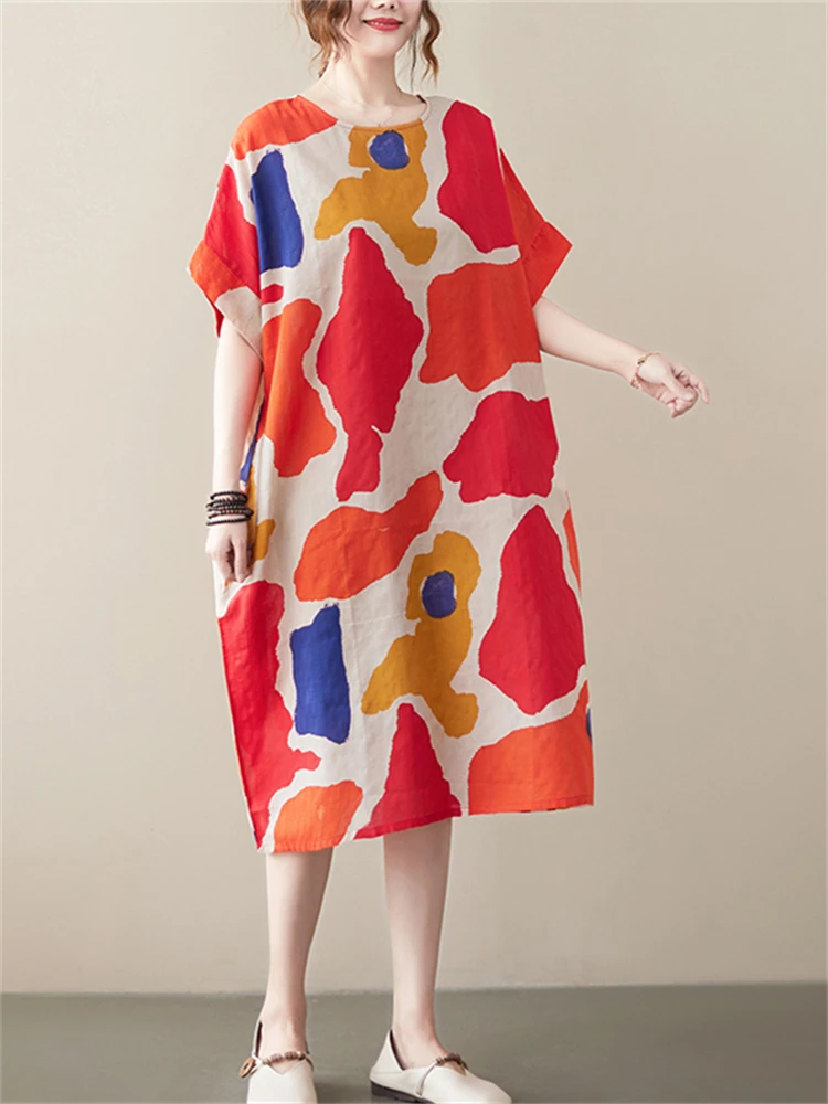2023 Abiti Rossi Vintage In Cotone Estivo Per Donna Casual Midi Ladies Print Abito Moda Coreano Abiti Eleganti Abbigliamento Femminile