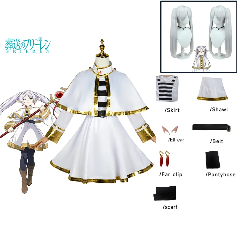 Sousou No Frieren Cosplay Frieren Fantasia Costume Cosplay Cappotto Camicie Outfit Parrucca Abito Orecchini Donna Adulto Vestiti Di Halloween