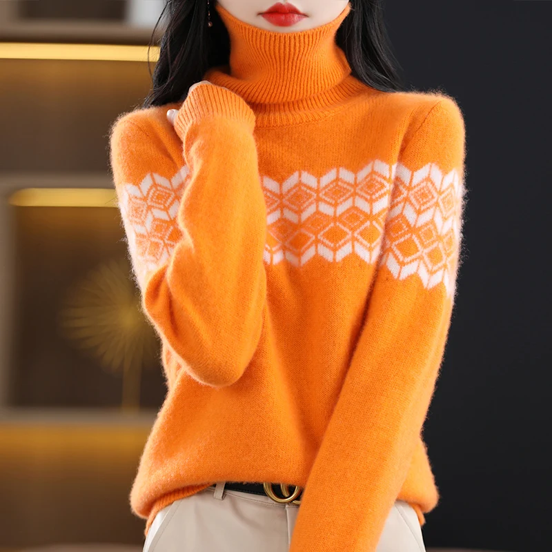 Autunno/Inverno Nuovo Collo Alto In Lana Maglieria Donna Cubo D'Acqua Jacquard Pullover 2022 Moderno Vento Addensato Maglione Di Cachemire Top