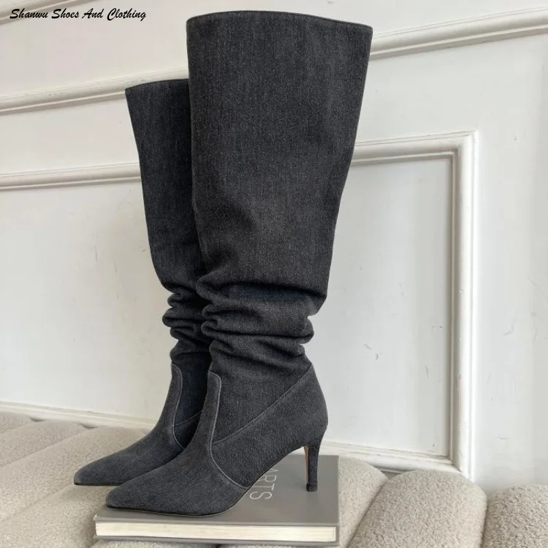 Botas Compridas De Salto Alto Azul Denim Para Mulheres, Botas De Cowboy De Dedo Apontado, Sapato De Salto Fino, Pregas, Outono,