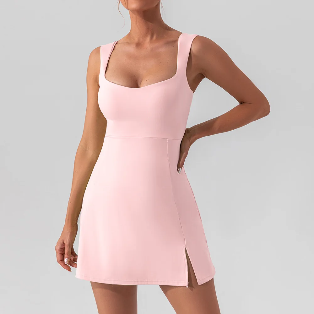 Pmwrun Women'S Active Wear Sexy Bretella Tinta Unita Yoga Tennis Dress Leggero E Traspirante Outdoor Golf Sports Dress