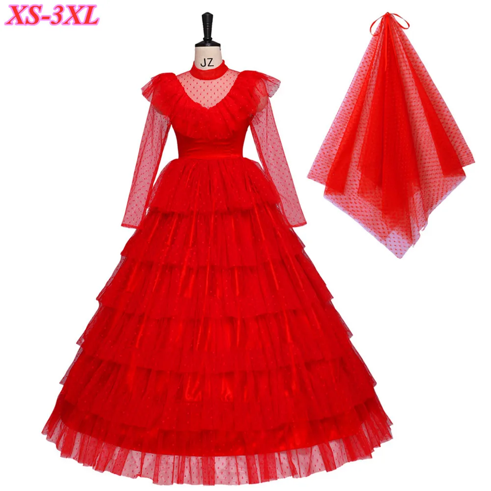 Movie Beetlejuice Cosplay Lydia Red Bride Wedding Dress Con Velo Outfit Adult Women'S Halloween Carnival Party Zombie Costume
