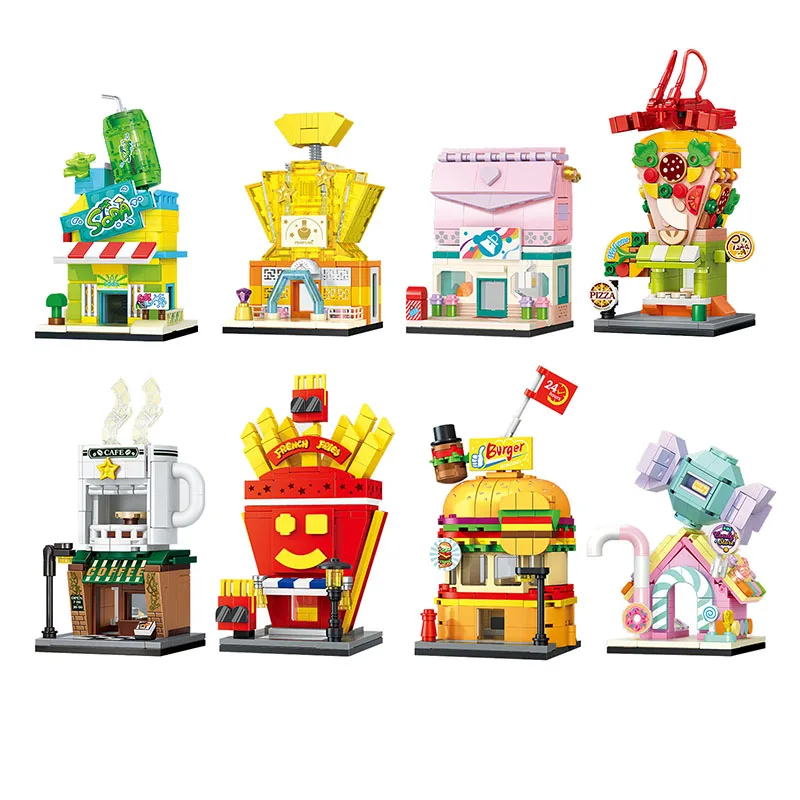 Architettura Creativa Street City Friends Burger King Chips House Coffee Candy Shop Model Building Blocks Drink Retail Store