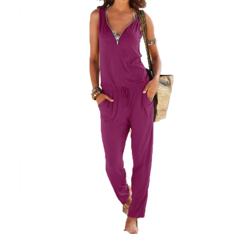 Jump Suits For Women Bodysuit Sleeveless V-Neck Loose Jumpers Casual Summer Beach Romper Zip Up Long Jumpsuits Solid