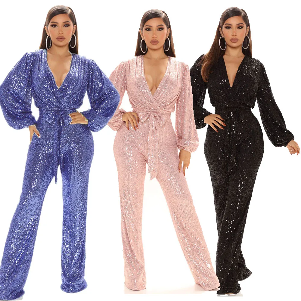 Tute Moda Donna Sexy Scollo A V Manica Lunga Paillettes Pantaloni A Gamba Larga Di Un Pezzo Tuta Da Salto 2023 Abbigliamento Donna Tute Corte Traf