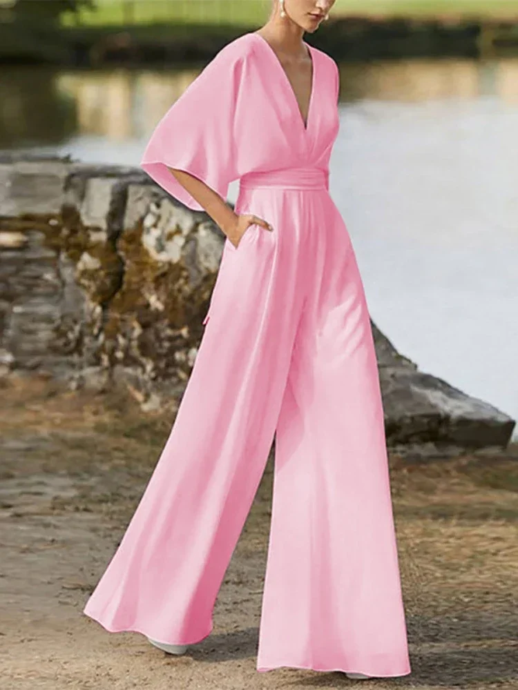 Tute Da Salto Per Donna Scollo A V Manica A Cinque Punte Pantaloni A Gamba Larga Tinta Unita Tute Bianche Per Donna Pantaloni Eleganti One Pieces