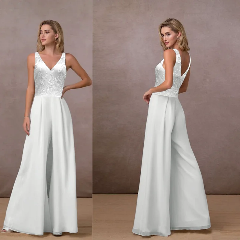 2023 Tute Per Le Donne Abbigliamento Da Ballo Scollo A V Vita Media Bianco Senza Maniche Tute Eleganti In Chiffon Pantaloni A Gamba Larga Salopette Co