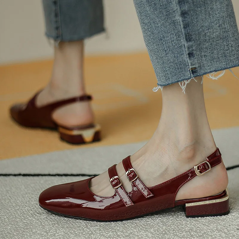 Sandali Estivi Donna Doppia Fibbia Mary Janes Scarpe Scarpe Eleganti In Pelle Verniciata Cinturino Sandali Casual