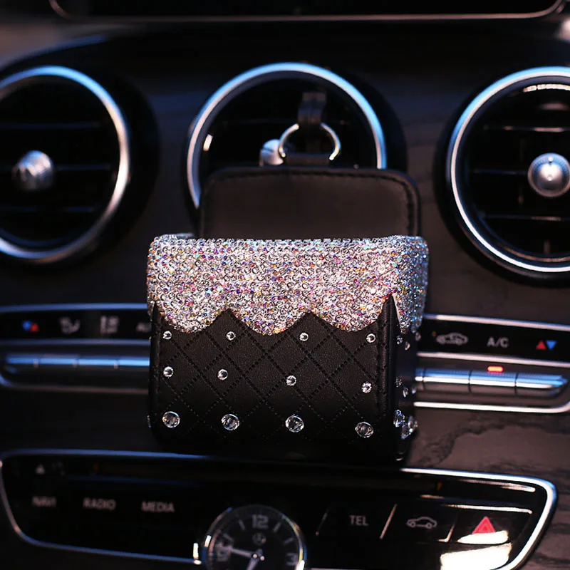 Diamond Crystal Car Organizer Box Bag Air Outlet Cruscotto Hanging Leather Universal Car Mobile Phone Holder Accessori Auto