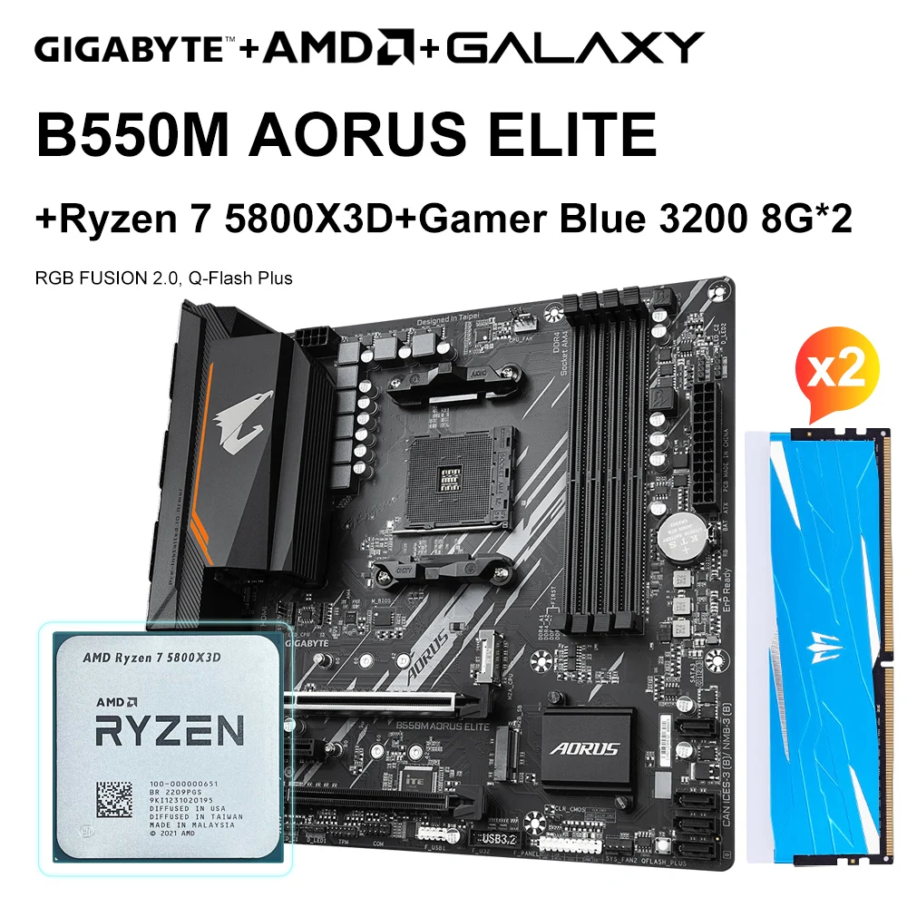 Amd Nuovo Ryzen 7 5800 X3D R7 5800 X3D 8-Core 16-Thread Cpu + Gigabyte B550M Aorus Elite B550M Scheda Madre + Galaxy 3200Hz 8G * 2 Ram