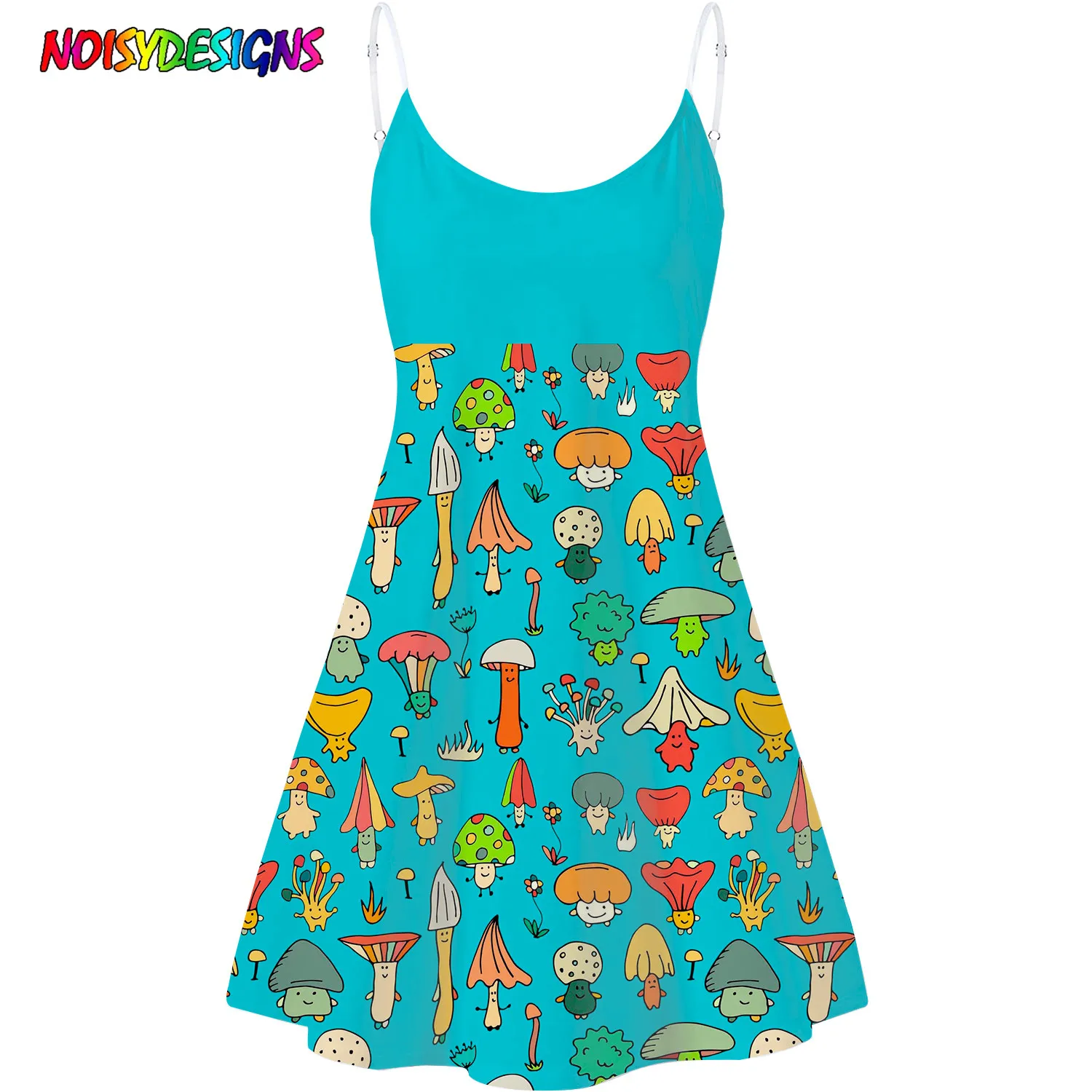 Noisydesigns Abito Senza Maniche Da Donna Mini Spaghetti Strap Blue Womens Clothes Sorridente Funghi Stampa Dress Women Roupas