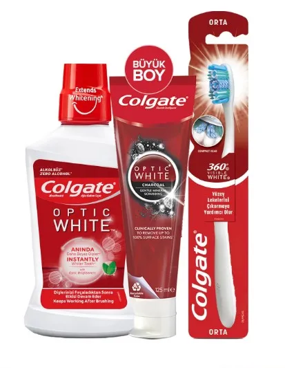 Dentifricio Sbiancante Al Carbone Bianco Colgate Optic 125 Ml, Spazzolino Medio, Acqua Per L'Igiene Orale 250 Ml