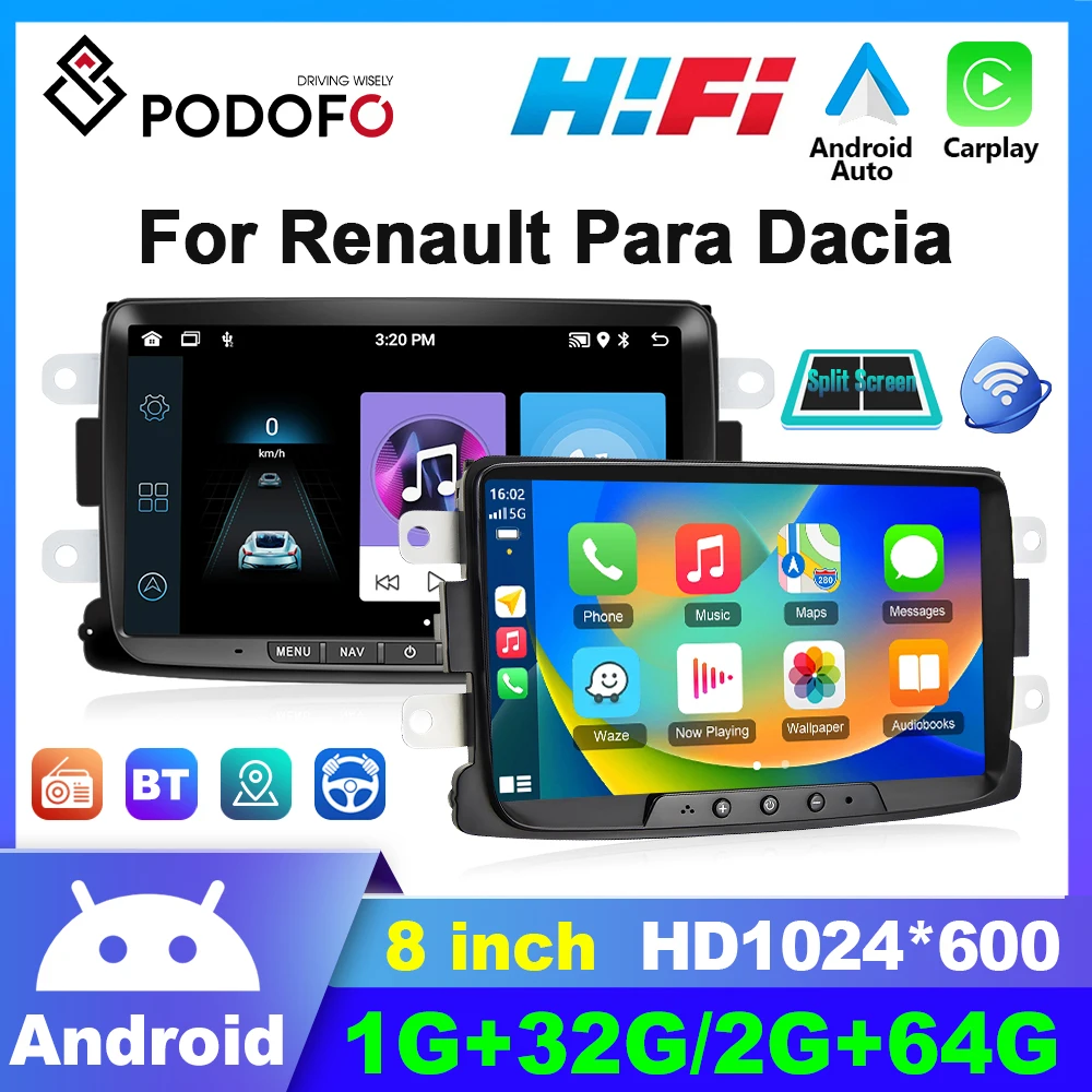 Podofo 2Din Autoradio Android Per Renault Dacia Duster Sandero Logan Dokker 2010-2012 Carplay Autoradio Navigazione Gps Bluetooth