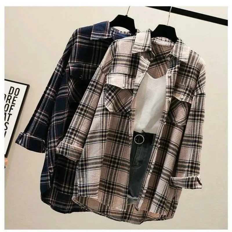 2023 Primavera Estate Moda Donna Camicia A Quadri Chic Camicetta A Quadri Manica Lunga Donna Casual Stampa Camicie In Cotone Sciolto Top Blusas
