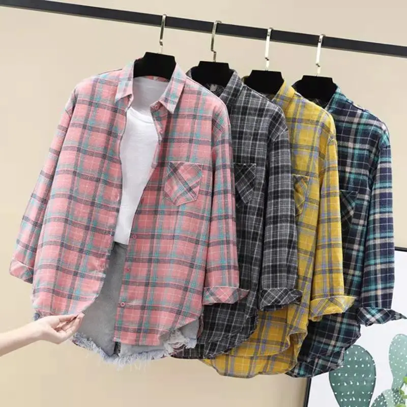 2023 Primavera Estate Moda Donna Camicia A Quadri Chic Camicetta A Quadri Manica Lunga Donna Casual Stampa Camicie In Cotone Sciolto Top Blusas