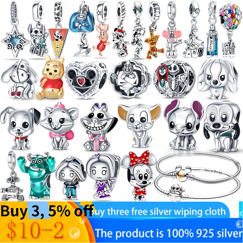 100% 925 Sterling Silver Disney Charm Charm Beads Per Pulsera Pandora Women Bracciale Collana Gioielli Regalo All'Ingrosso