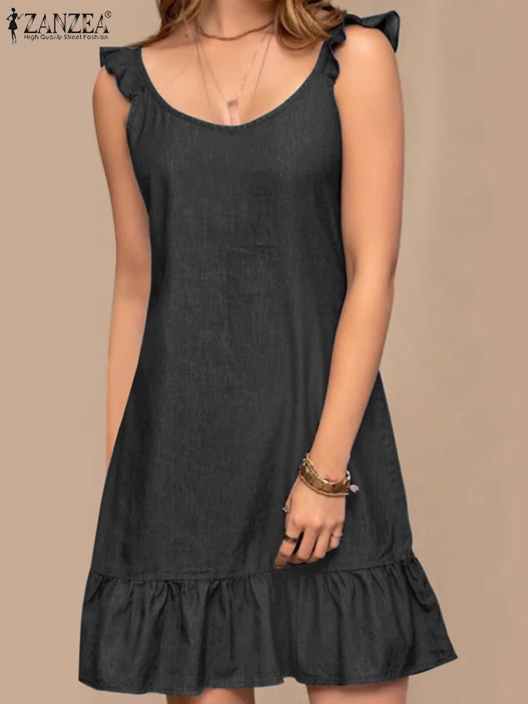 Zanzea Women Summer Dress Denim Sundress Fashion Ruffles Jeans Vestidos O-Collo Abito Senza Maniche Causale Beach Holiday Dresses