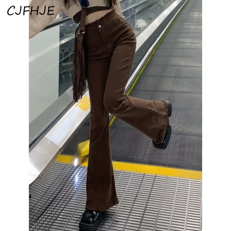 Cjfhje Brown Vintage Sweet Flare Pants Donna Vita Alta Jeans Moda Coreana Tasche Natalizie Femminili Pantaloni Lunghi Firmati Causali