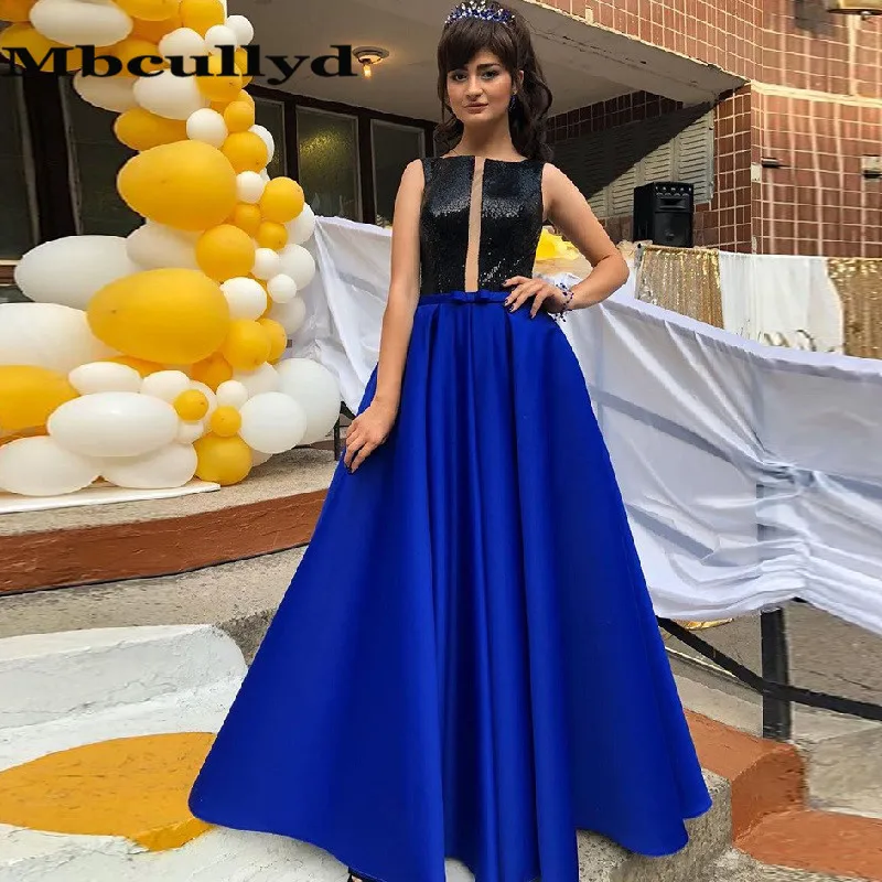 Mbcullyd A-Line Royal Blue Abiti Da Sera Lunghi 2023 Top Abiti Da Ballo Con Paillettes Neri Personalizza Abiti Da Cerimonia Da Sera