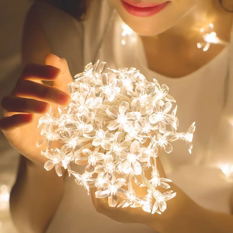Cherry Blossom Flower Garland Lamp Batteria/Usb Operated Led String Fairy Lights Fiori Di Cristallo Decorazioni Natalizie Per Matrimoni Al Coperto