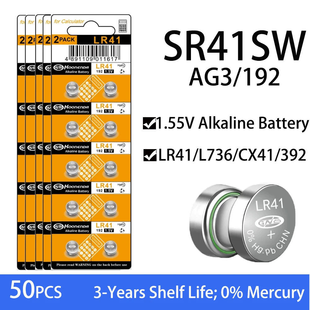 50 Pz Ag3 Batteria A Moneta Lr41 192 392 Batteria A Bottone Batteria Alcalina A Bottone 1.55V Sr41Sw L736 Cx41 Per Orologi Giocattolo No Mercury