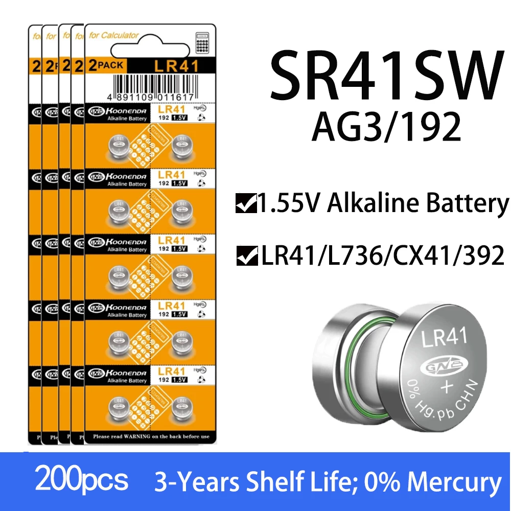 200 Pz Ag3 Batteria A Moneta Lr41 192 392 Batteria A Bottone Batteria Alcalina A Bottone 1.55V Sr41Sw L736 Cx41 Per Orologi Giocattolo No Mercury