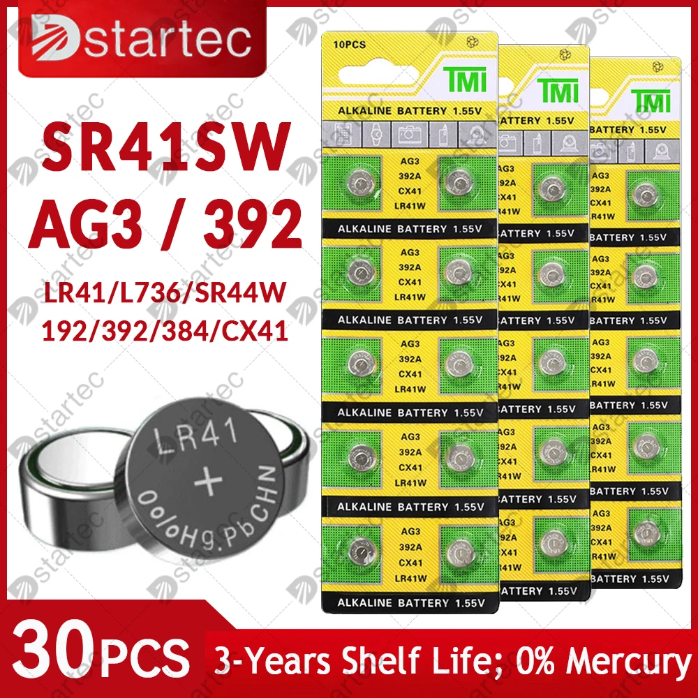 Dstartec 30Pcs Ag3 Batteria A Bottone Lr41 392 192 Batteria Alcalina A Bottone A Bottone 1.55V Sr41Sw L736 Cx41 Per Giocattoli Per Orologi No Mercury