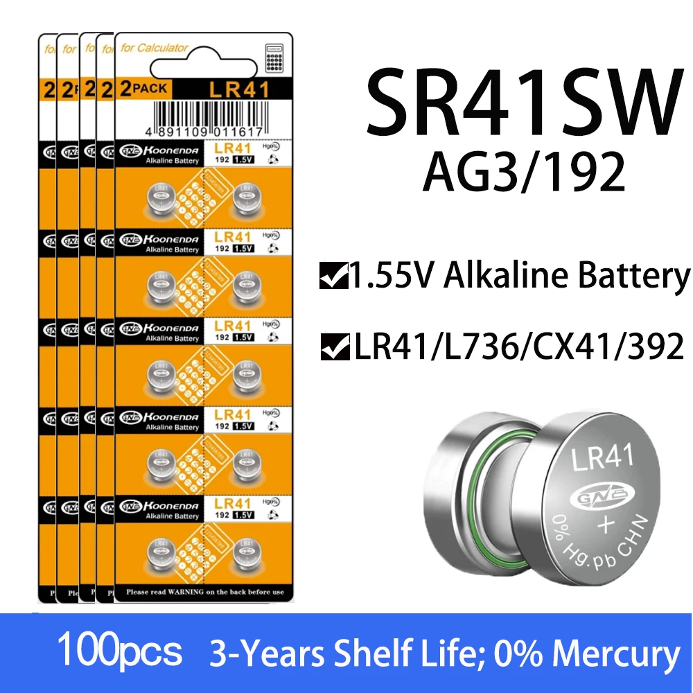 100 Pz Ag3 Batteria A Moneta Lr41 192 392 Batteria A Bottone Batteria Alcalina A Bottone 1.55V Sr41Sw L736 Cx41 Per Orologi Giocattolo No Mercury